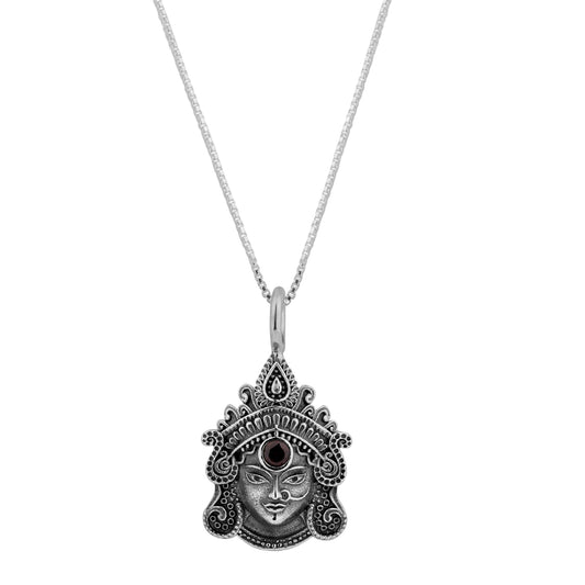 Silver Goddess Durga Pendant with Garnet