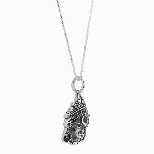 Silver Goddess Durga Pendant with Garnet