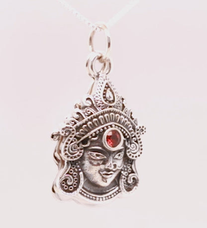 Silver Goddess Durga Engraved Mantra Pendant