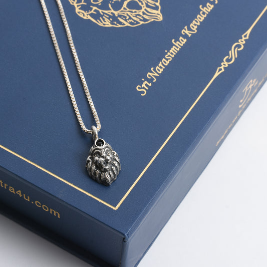 Silver Lord Narasimha Kavacha Pendant with entire Mantras in a Lens