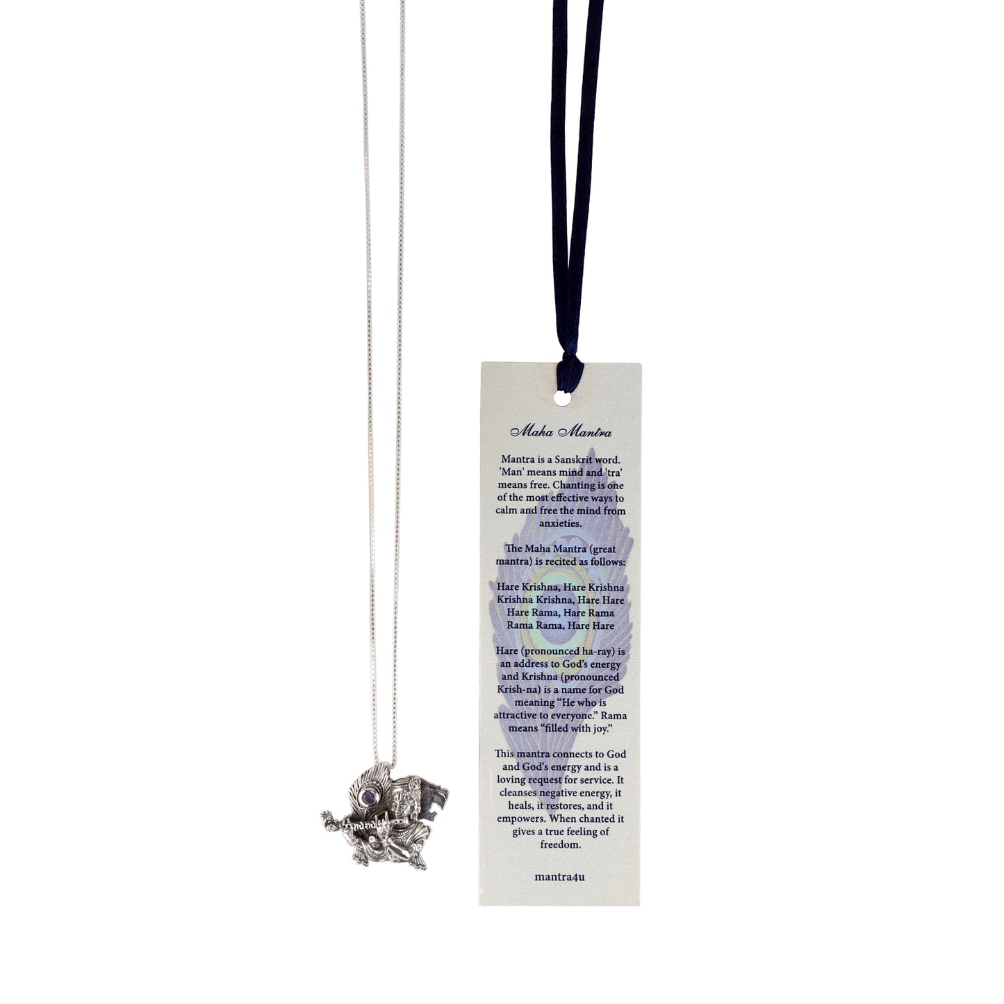 Silver Krishna Engraved Mantra Pendant with Cows