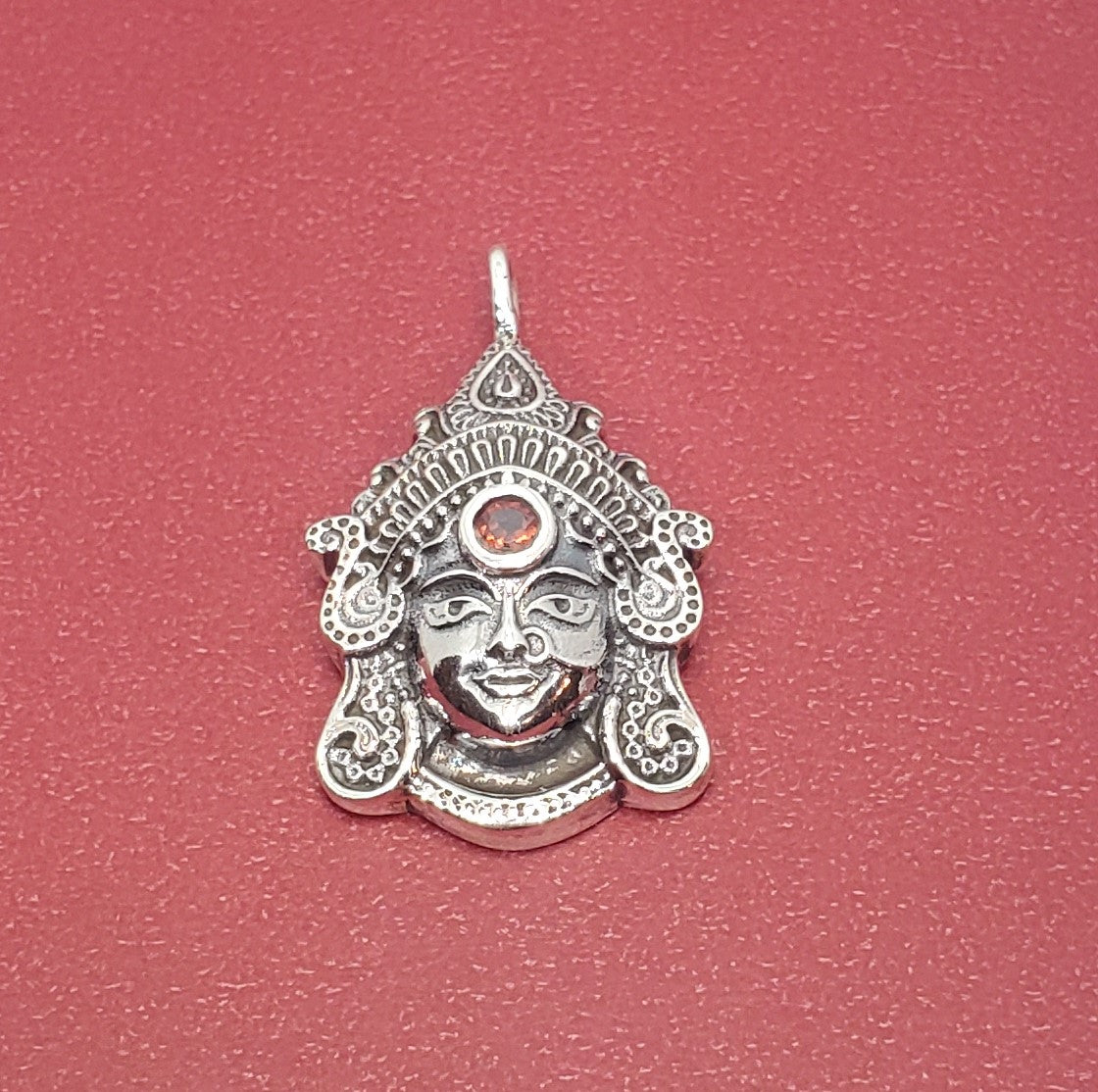 Silver Goddess Durga Pendant with Garnet
