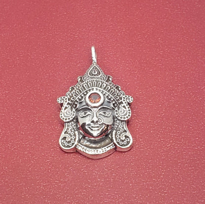 Silver Goddess Durga Pendant with Garnet