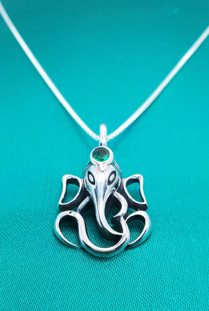 Silver Ganesh Ji Pendant with Green Onyx
