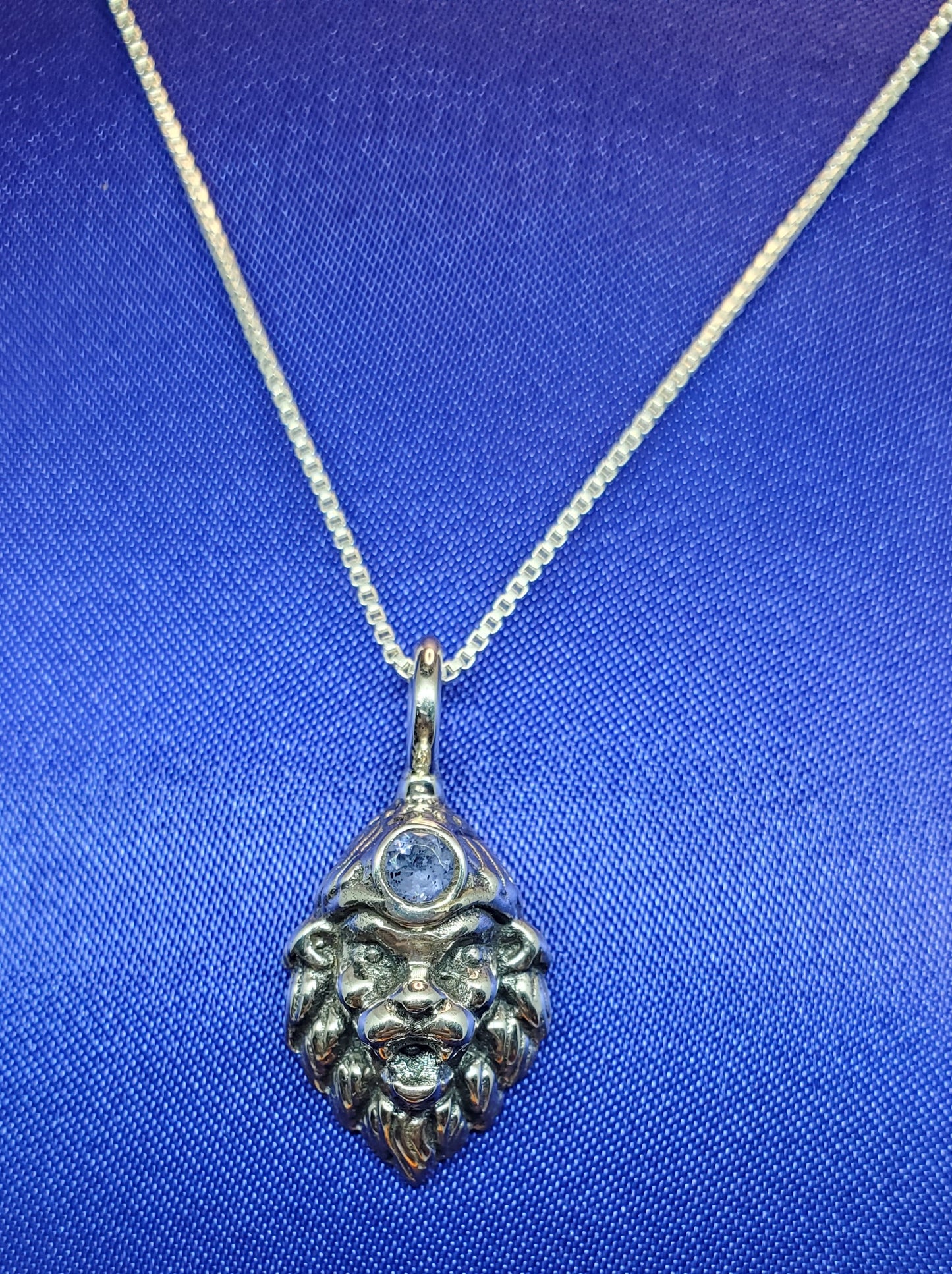 Silver Lord Narasimha Pendant with Blue Lolite