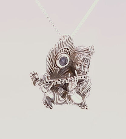 Silver Krishna Engraved Mantra Pendant with Cows