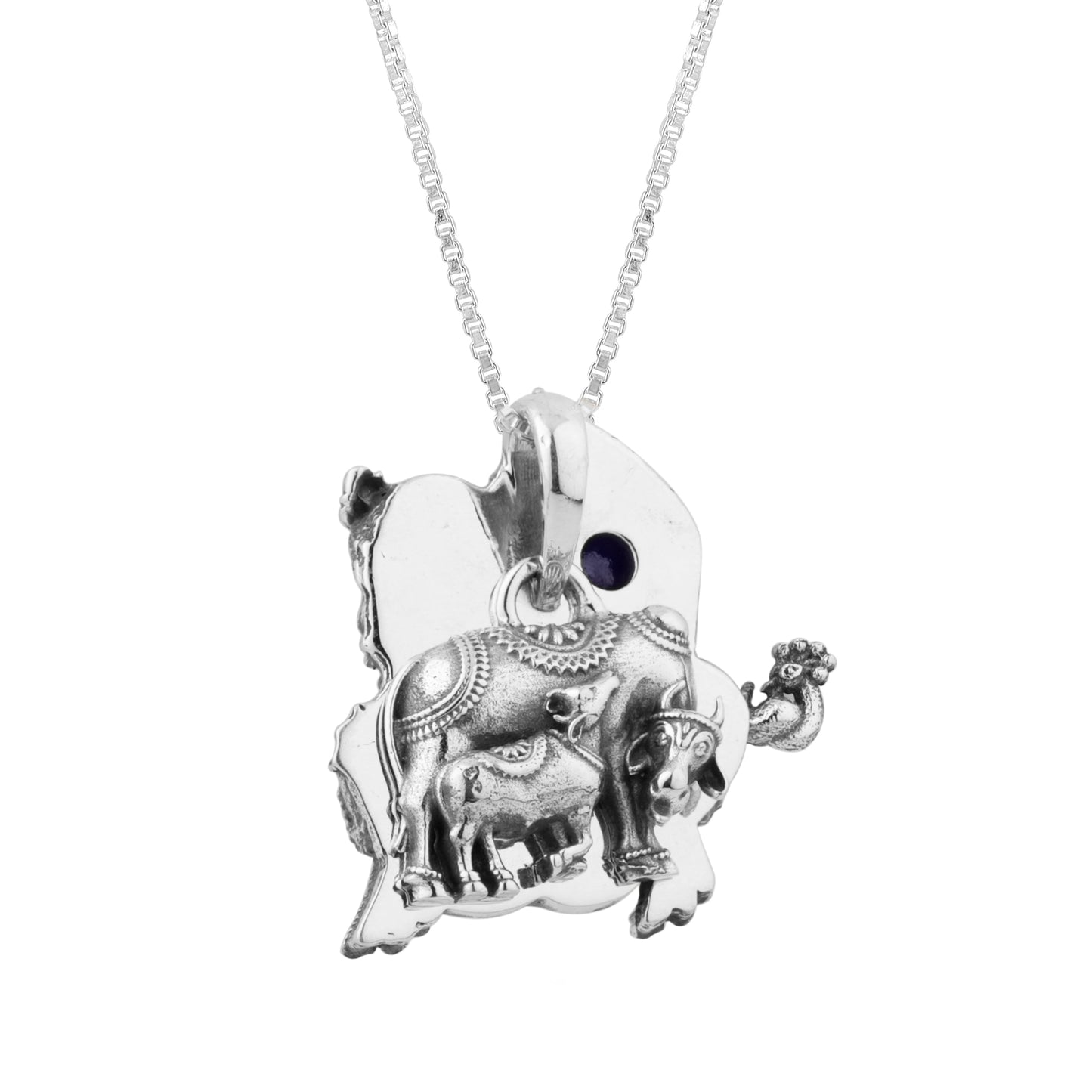 Silver Krishna Engraved Mantra Pendant with Cows