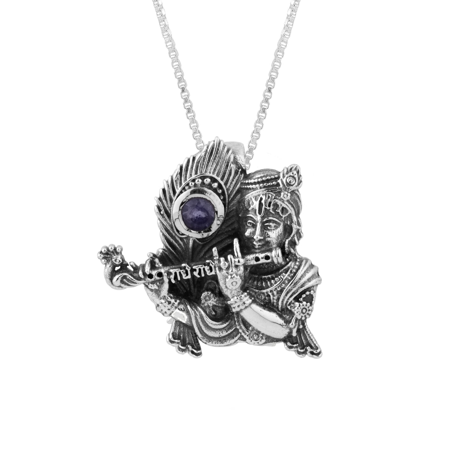 Silver Krishna Pendant with Blue Iolite semi-precious stone
