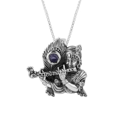 Silver Krishna Pendant with Blue Iolite semi-precious stone